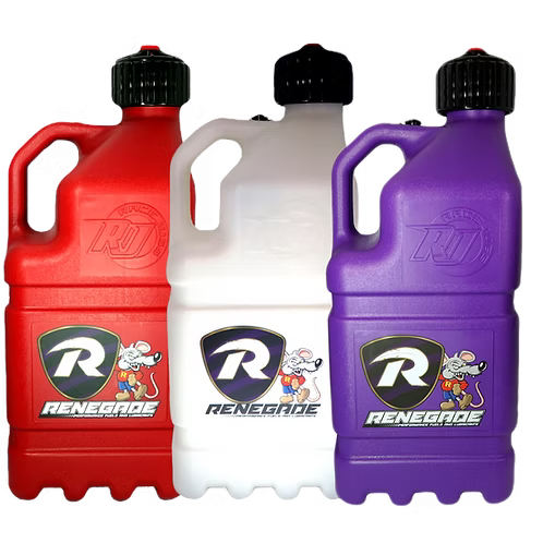 Three Renegade oil bottles in red, white, and purple on a transparent background